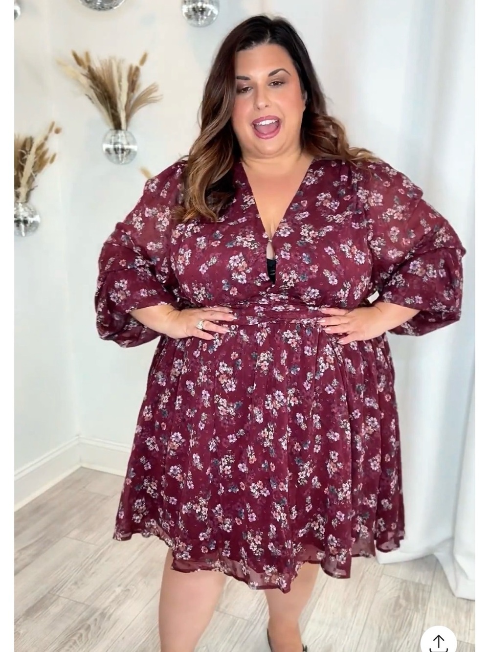 Plus Ditsy Floral  Burgundy V-Neck Dress